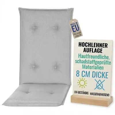 Produktbild von Pillows24 - Hochlehner Auflagen 120x50x8 cm | Gesteppte Wetterfeste Gartenstuhlauflagen | Polster Sitzkissen für  Gartenmöbel |   EU | Grau