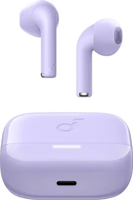 A pair of purple wireless earbuds and their charging case are displayed against a white background.