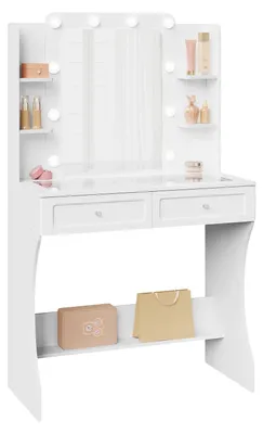Immagine prodotto di Comò da trucco - Tavolino per cosmetici con specchio - Illuminazione LED a 3 colori - Piano in vetro temperato - 2 cassetti - 4 scomparti aperti - Bianco