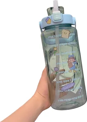 Produktbild von Motivationsflasche 2L mit Trinkuhr, bruchfest & auslaufsicher, für Sport & Fitness (Transparent-Blau, inkl. Sticker)