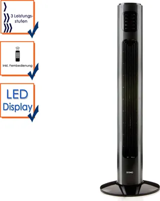 A black tower fan is shown against a white background, with several informational graphics on the left side.