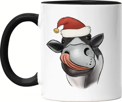 Produktbild von Kuh mit Weihnachtsmütze Tasse Schwarz Geschenkidee Weihnachten Frohe Weihnachten Süßes Kuh-Motiv Kuh-Fans Kühe