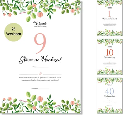 Produktbild von Frank Paperman® | Geschenk zum 9 Hochzeitstag | Ehejubiläum | Keramik Hochzeitstag | Urkunde Hochzeitstag | floral | Vordruck in DIN-A4-Format