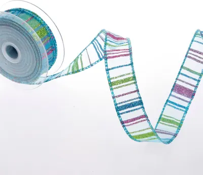 Produktbild von Weihnachtliches Organzaband mit Streifen - türkis-grün-d.-pink - 25 mm - 10 m - 90146 74