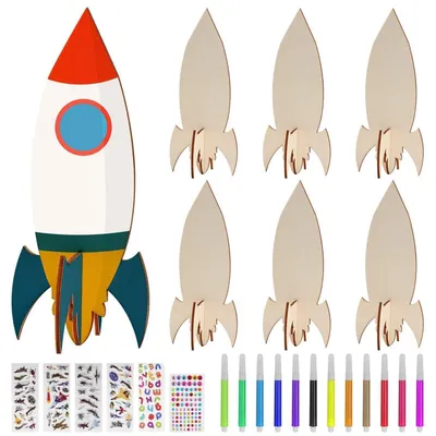 Produktbild von Holzraketen Bastelset zum Bemalen 12 Stück DIY Weltraum Dekoration für Kinder