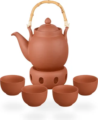 Produktbild von Tenno Teeservice / Teeset / Ton Teekanne mit Sieb 1,6 liter, Stövchen und 4 Tassen je 130ml, handgefertigt