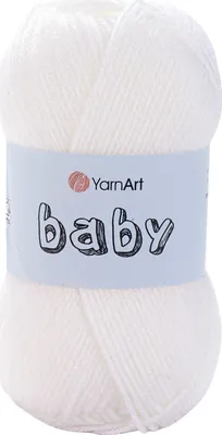 A ball of white yarn with a light blue label.