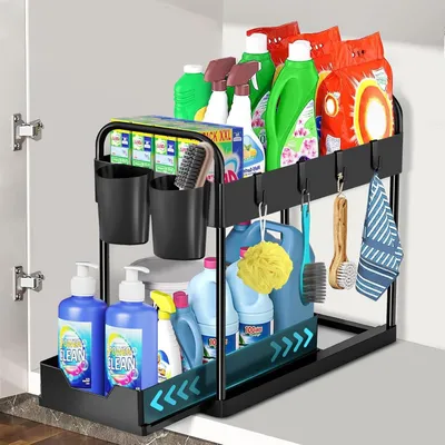 Produktbild von 2-stöckiges Unterspülbeckenregal, Küchenorganizer mit 4 Haken und 2 Hängebechern, Schrankaufbewahrung, Badezimmerschubladen-Organizer, Schwarz