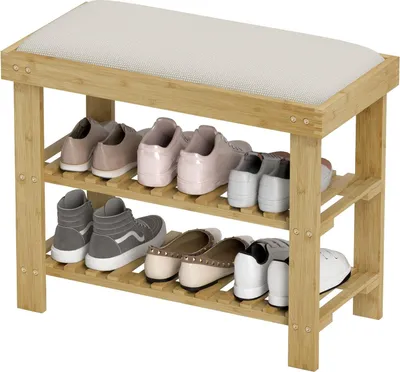 Produktbild von Schuhbank mit Sitzfläche, Bambus Sitzbank mit Stauraum, Schuhregal mit 2 offene Fächer, Sitzbank, Bank, Garderobenbank für Wohnzimmer, Flur, 60 x 29 x 49 cm Cremeweiß |