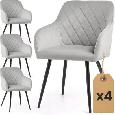 Produktbild von 4er Set Velours Esszimmerstühle mit Rautensteppung VELTO Grau mit schwarzen Beinen
