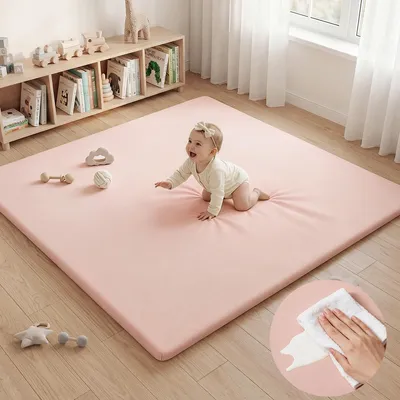Produktbild von Comomy Baby Spielmatte 127x127cm Einfarbig Leder Krabbelmatte Weich Gepolstert Abwischbar Bodenmatte für Babys Laufgitter Pink