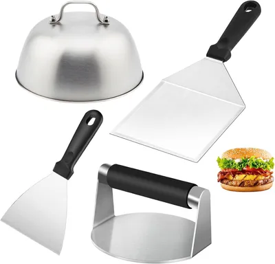 Produktbild von Burgerpresse Set 4-teilig, Edelstahl, mit Spatel und Burgerglocke, für BBQ