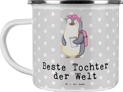 Produktbild von Mr. & Mrs. Panda Emaille Tasse Pinguin Beste Tochter der Welt - Grau Pastell - Geschenk, Haferl, Geburt, metallbecher, Familie, Dankeschön, Mutter, Teetasse, Geschenkidee