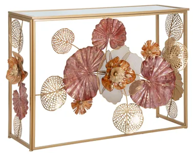 Image de Console Glam Redy 114 X 41,5 X 80 Cm - Meuble D'Entrée En Métal Doré Et Verre Miroir Orné De Motifs Floraux Colorés - Style Glamour