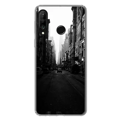 Produktbild von MuchoWow® Handyhülle Schutzhülle Hülle für Huawei P30 Lite Autofahrt durch eine ruhige Straße in New York in schwarz-weiß Silikon Softcase Handy Hülle - Handyhülle