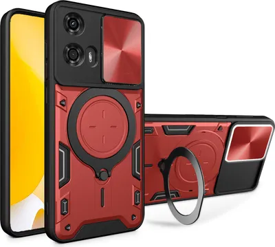 Produktbild von Handyhülle für Motorola Moto G04 /Moto G24 Dual-Layer Stoßfest Rüstung Hülle mit Dia Kameraschutz und Kreisförmig Ring Ständer Rot