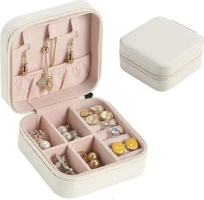 Produktbild von Klein Reise-Schmuckkoffer aus Kunstleder für Damen und Mädchen, mit Reißverschluss für Ohrstecker, Ringe, Ketten, Uhren und Lippenstift