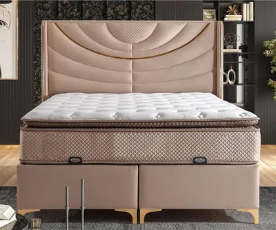 Produktbild von Casa Padrino Luxus Doppelbett Beige / Gold - Verschiedene Größen - Massivholz Bett mit Kopfteil und Matratze - Schlafzimmer Möbel - Hotel Möbel - Luxus Möbel