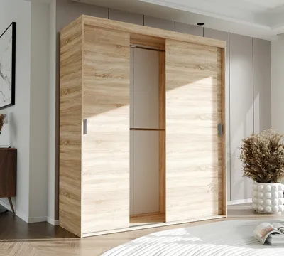 Produktbild von Dreitüriger Schiebetürenschrank Kleiderschrank STILO 180 cm mit Regalen und Kleiderstangen Schrank Garderobe Sonoma silberne Griffe