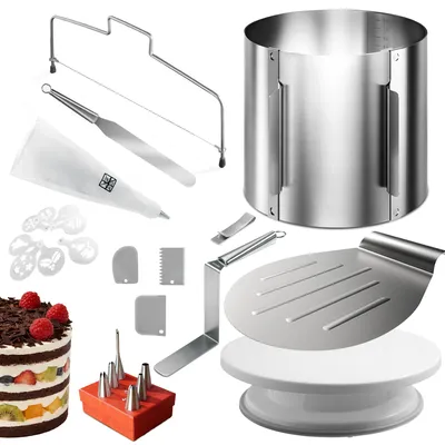 Produktbild von Lindenstein Torten-Zubehör-Set 24 Teile – Backzubehör mit verstellbarem Tortenring 15 cm hoch, Tortenschneider, Tortenheber, drehbarer Tortenplatte, Streichpalette, Winkelpalette, Spritzbeutel mit Tüllen und Tortenschablonen