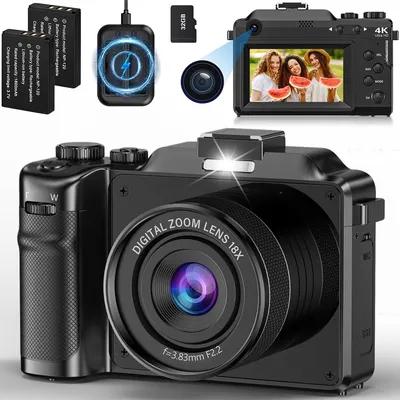 Produktbild von Retro-Kamera, 4K-Digitalkamera, 6400 W Pixel, mit 32 GB Karte, 18-fach Digitalzoom, Autofokus-Kompaktkamera, geeignet für Kinder, Anfänger, Teenager