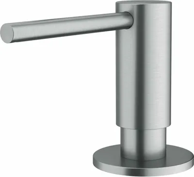 A silver soap dispenser on a white background.