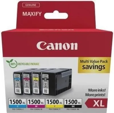 Zdjęcie produktu dla Tusze CANON PGI-1500XL, Multipack Czarny/Cyan/Magenta/Żółty, Wysoka wydajność, Do drukarek MAXIFY MB2050, MB2350, MB2150, MB2155, MB2750 i MB2755