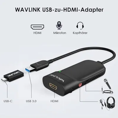 Produktbild von USB-C-zu-HDMI-Adapter, USB 3.0-zu-HDMI-Konverter, 2K@60hz, Displaylink-Chips unterstützen bis zu 6 Monitordisplays für Windows
