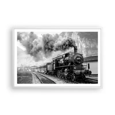 Produktbild von Gerahmtes Poster - Weißer Rahmen - Zug Schwarzweiß Rauch - 91,5x61 cm - Wand Bild - Wanddeko - Wandbilder - Kunstposter - Wandposter - Bilderrahmen - Bilder - Kunstdruck - Wandbild - P2WAA91x61-4315