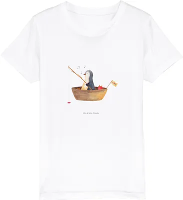 Produktbild von Mr. & Mrs. Panda Kleinkinder T-Shirt Pinguin Angelboot 5-6 Jahre (110/116) - Weiß - Geschenk, Optimistisch, Shirts für Kinder, Bio, Boot, Teenager, Angeln, Kindershirt