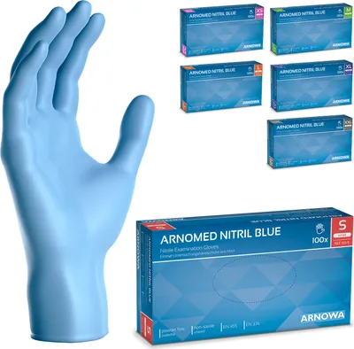 Produktbild von ARNOMED Einweghandschuhe Blau, Nitril Handschuhe 100 Stk, Einmalhandschuhe Gr XS-XXL, Einweg Handschuhe latex- & puderfrei - Gr. S