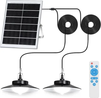 A solar-powered pendant light system with two lamps, a solar panel, and a remote control, displayed against a white background.