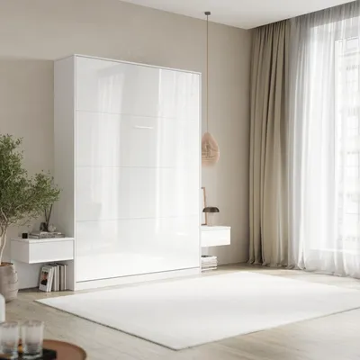 Produktbild von SMARTBett Set 140-Schrankbett Vertikal CLASSIC mit 2 Nachtkonsolen Weiss Hochglanz
