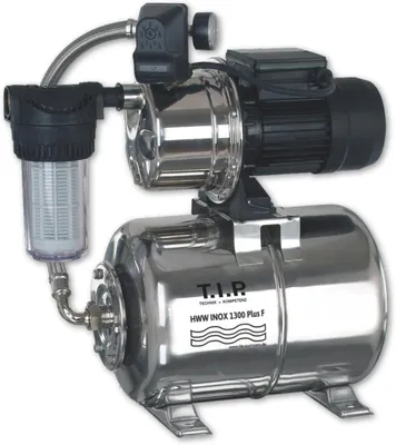 Immagine prodotto di Pompa idraulica con serbatoio di pressione e prefiltro, in acciaio inossidabile, con portata fino a 4.350 litri/ora e potenza di 1.200 W
