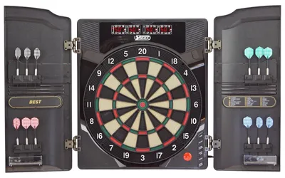 Produktbild von Best Sporting Dartscheibe elektronisch Oxford 2.0 I elektronische Dartscheibe mit LED-Anzeigen I E-Dartscheibe mit 12 Dartpfeilen & Ersatzspitzen I Dartboard Kabinett mit Walnuss-Optik
