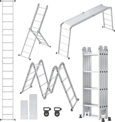 Produktbild von UISEBRT Multifunktions-Gelenkleiter Alu Silber, 6-in-1 Klappleiter, Gesamtlänge 470cm, geklappt 128x39x27cm (LxBxH), Breite 35cm, Höhen: M-Form 123cm, Gerüst 125cm, A-Form 226cm, 4x4 Stufen, 150kg Tragfähigkeit, mit Plattform, Rutschfest-Riffelung, extra breite Bodentraversen, 6 Sicherheitsgelenke, 2 Hilfsräder