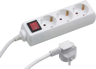 A white power strip with three sockets and a red on/off switch, along with its white plug and cable, is shown against a white background.