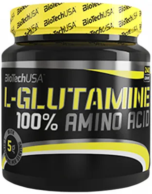 A close-up of a black plastic container of L-Glutamine powder.