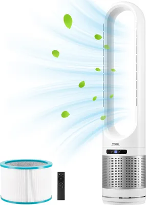 Image de Ventilateur de tour VEVOR sans pales, 4,7 m/s, oscillation à 80°, 8 vitesses, minuterie de 8 heures, filtration HEPA H13, télécommande et mode de purification de l'air