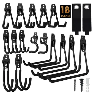 Image de Crochets muraux pour garage, lot de 18 crochets muraux, 6 tailles différentes, crochets robustes pour outils de jardin, atelier, échelles, rangement de garage (noir)