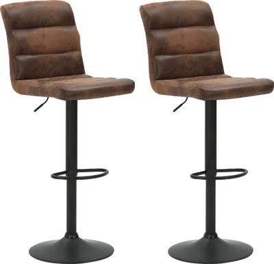 Two brown bar stools with black metal bases are shown against a white background.