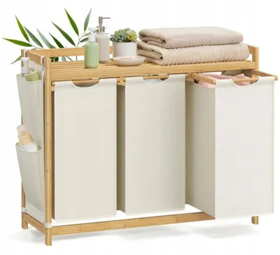 Image de Panier à linge avec 3 compartiments, modèle RLH115WD01, en bambou, capacité de 150 litres, dimensions 94 x 33 x 78 cm, couleur crème