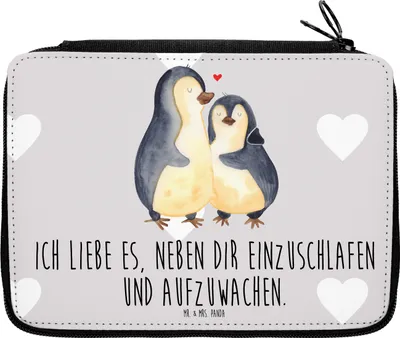 Produktbild von Mr. & Mrs. Panda Schulmäppchen Pinguine Einschlafen - Grau Pastell - Geschenk, Valentinstag, für Freundin, Etui, Frauen, Stiftemappe, Schlampermäppchen, Federmäppchen
