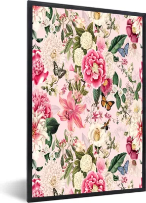 Produktbild von MuchoWow® MuchoWow® Gerahmtes Poster Blumen - Schmetterlinge - Hortensie 20x30 cm - Poster mit zchwarzem Bilderrahmen - Drucken - Bilder Poster im Rahmen