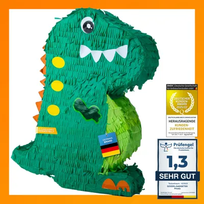 Produktbild von Piñata Dinosaurier T-Rex für Kindergeburtstag & Mottoparty - Befüllbare Dino Figur zum Zerschlagen für Süßigkeiten & kleine Geschenke