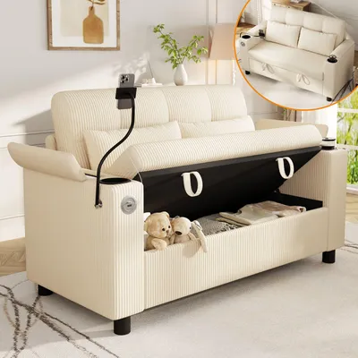 Imagen del producto de Sofá Merax de 2 plazas con espacio de almacenamiento, sofá moderno con portavasos, puerto USB tipo C, soporte para teléfono móvil, compartimento en los reposabrazos, 2 almohadas lumbares, tapizado en tela, color beige