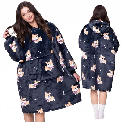 Produktbild von Oversize Deckenpullover XXL - Kuscheldecke mit Ärmeln - Fleece Corgi Hundemuster