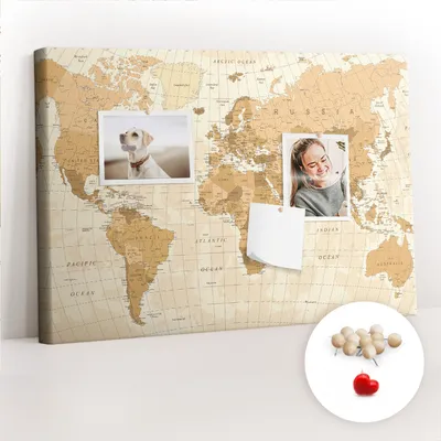 Obrázok produktu pre Korková tabuľa Tabuľa na poznámky Tabuľa na špendlíky - učebná pomôcka 60x40 cm - 100ks drevených kolíkov - Politická mapa sveta