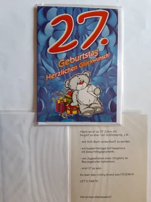 Produktbild von 1 Glückwunschkarte, 27. Geburtstag, Doppelkarte m. Umschlag, Teddybär Geschenke