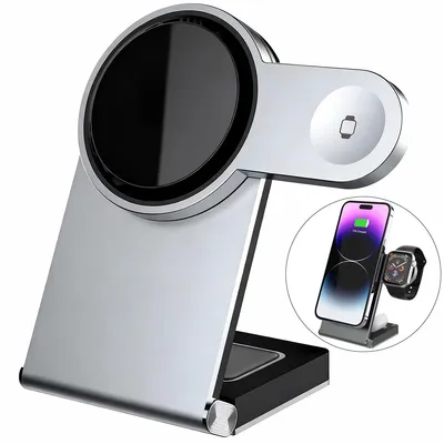 Produktbild von 3 in 1 Wireless Charger Faltbar mit aktiver Kühlung, Magnetische Ladestation 15W, Kabelloses Ladegerät für Smartphone, Uhr & Kopfhörer